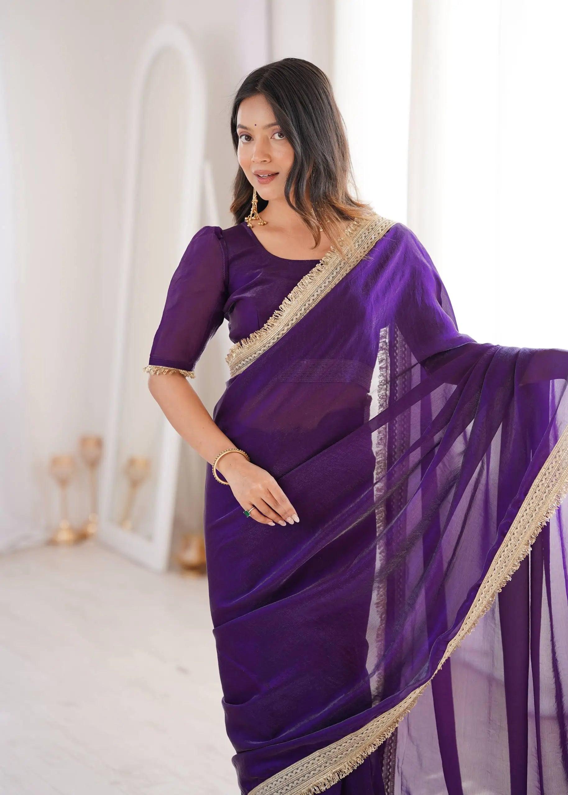 Shimmer Satin Silk Saree with Sequin Border