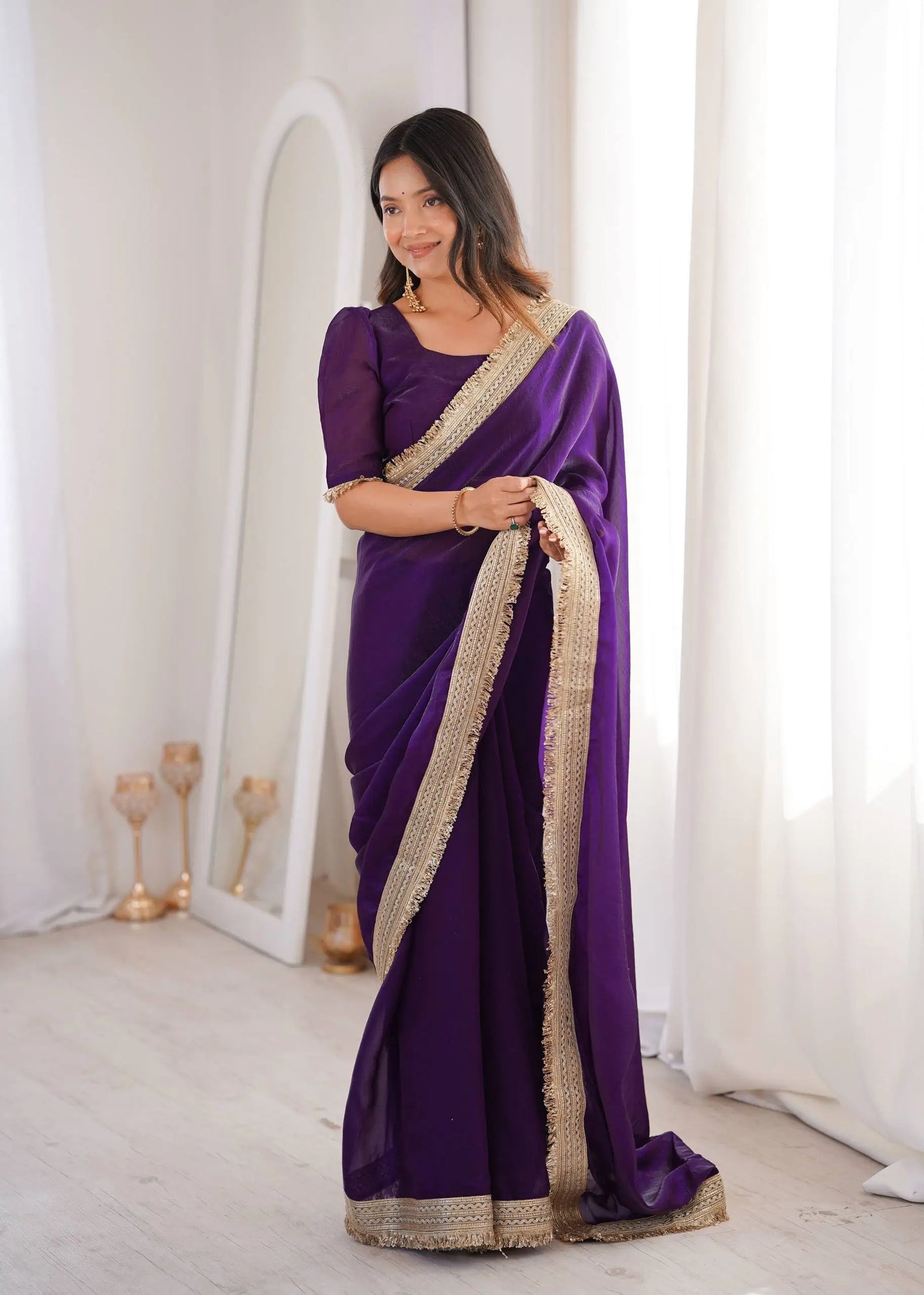 Shimmer Satin Silk Saree with Sequin Border