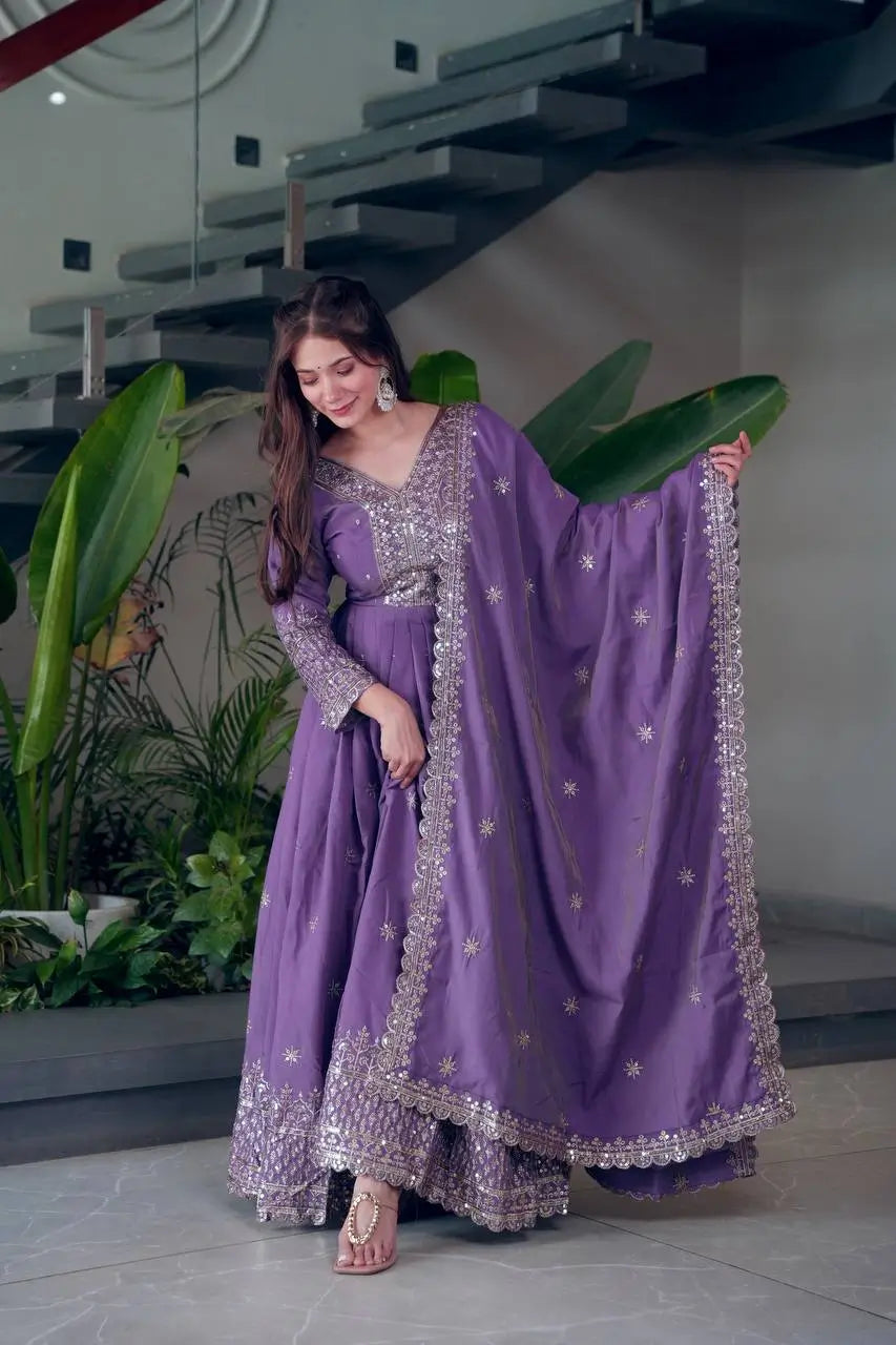 Shimmer Silk Embroidered Gown Set