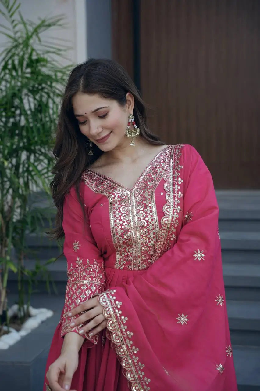 Shimmer Silk Embroidered Gown Set