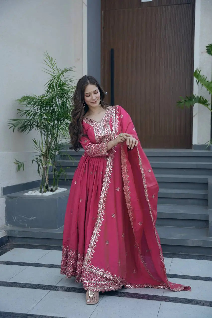 Shimmer Silk Embroidered Gown Set