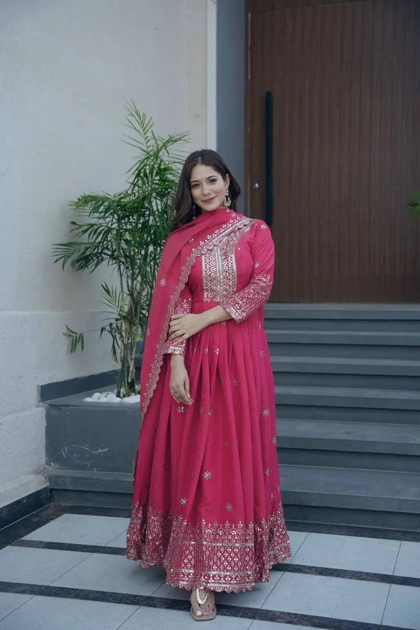 Shimmer Silk Embroidered Gown Set