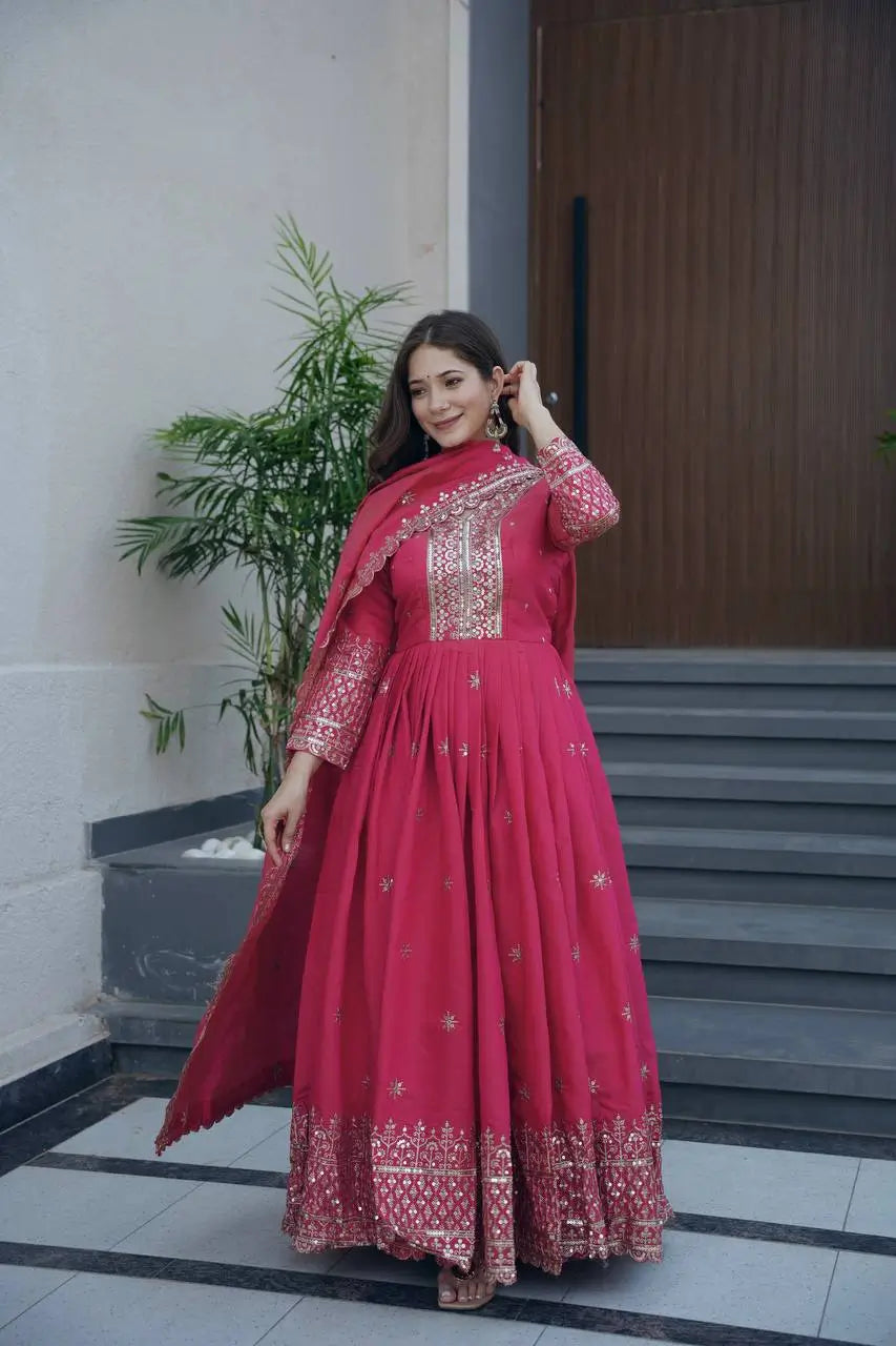 Shimmer Silk Embroidered Gown Set