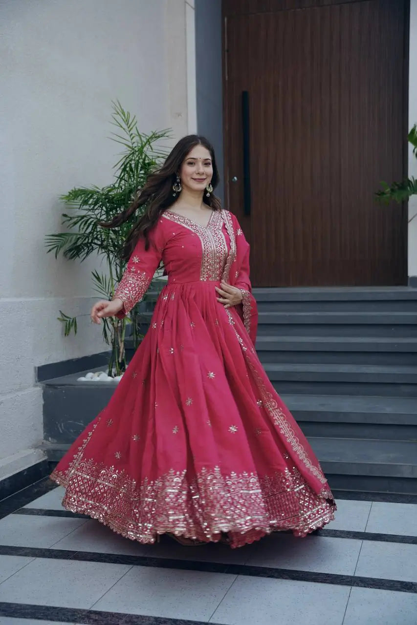 Shimmer Silk Embroidered Gown Set