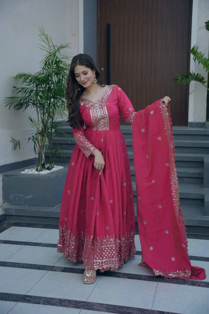 Shimmer Silk Embroidered Gown Set