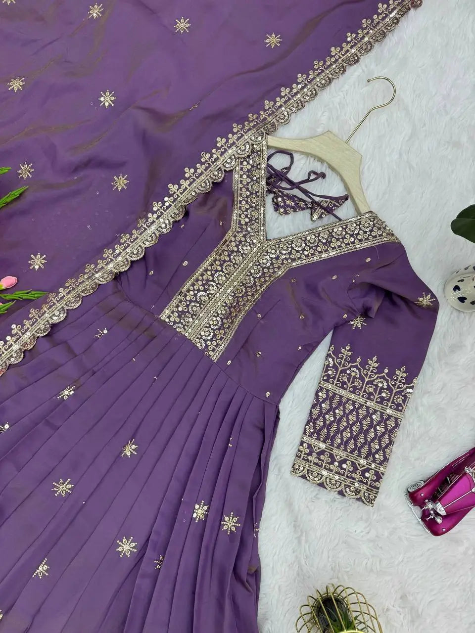 Shimmer Silk Embroidered Gown Set