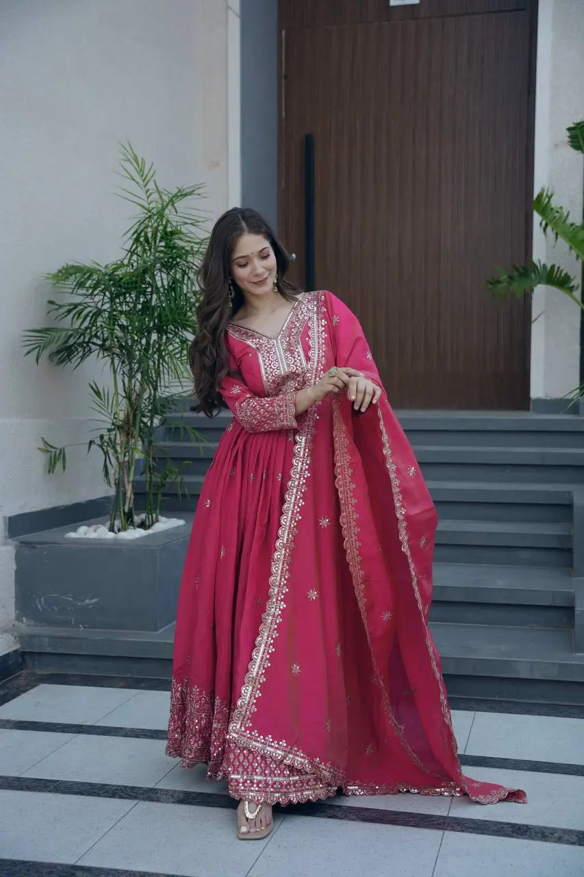 Shimmer Silk Embroidered Gown Set