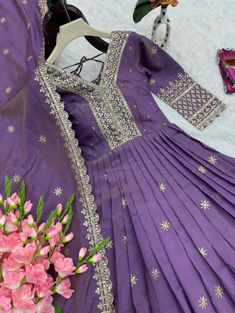 Shimmer Silk Embroidered Gown Set