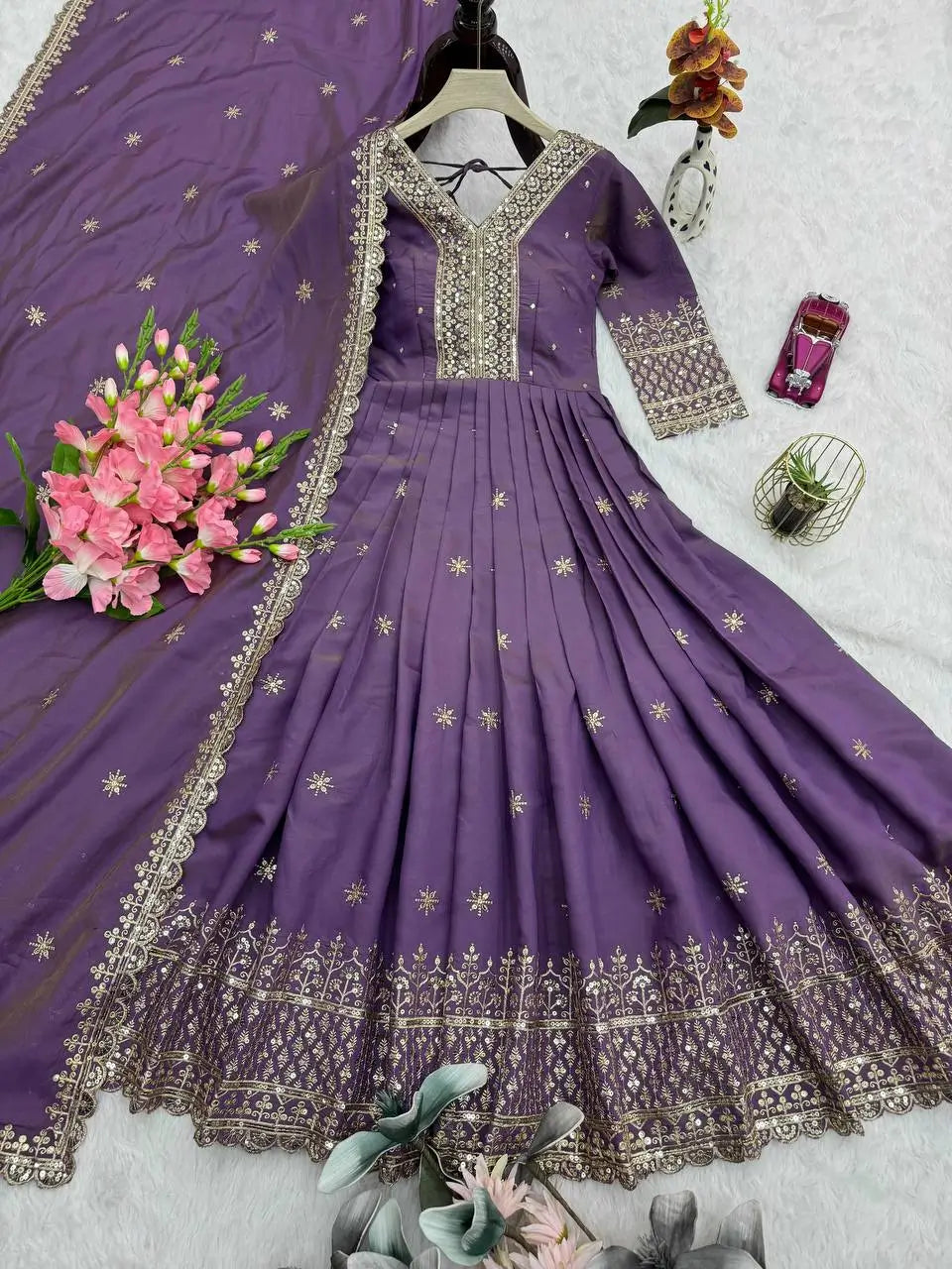 Shimmer Silk Embroidered Gown Set