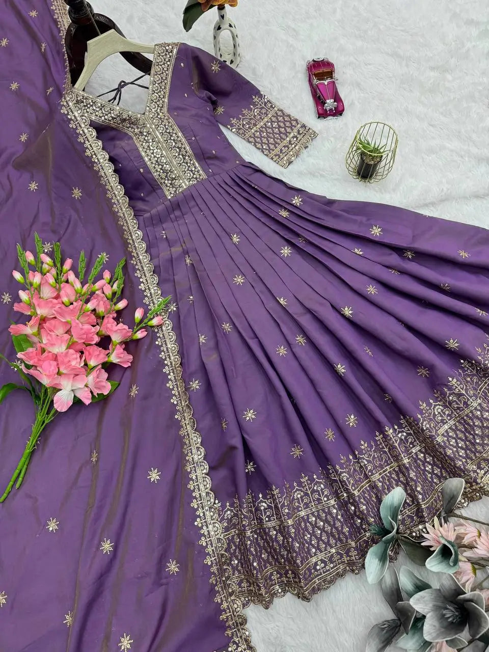 Shimmer Silk Embroidered Gown Set