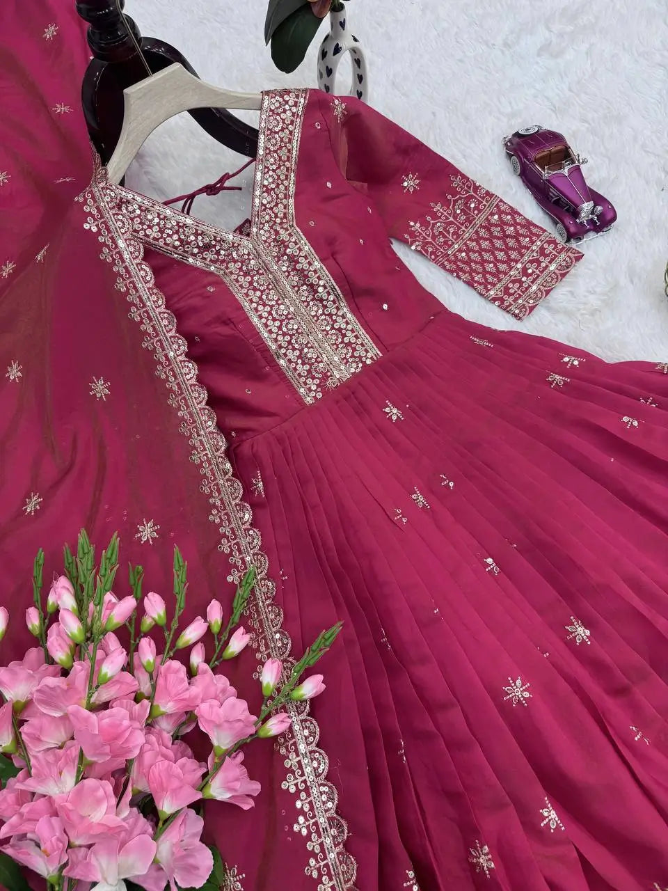 Shimmer Silk Embroidered Gown Set