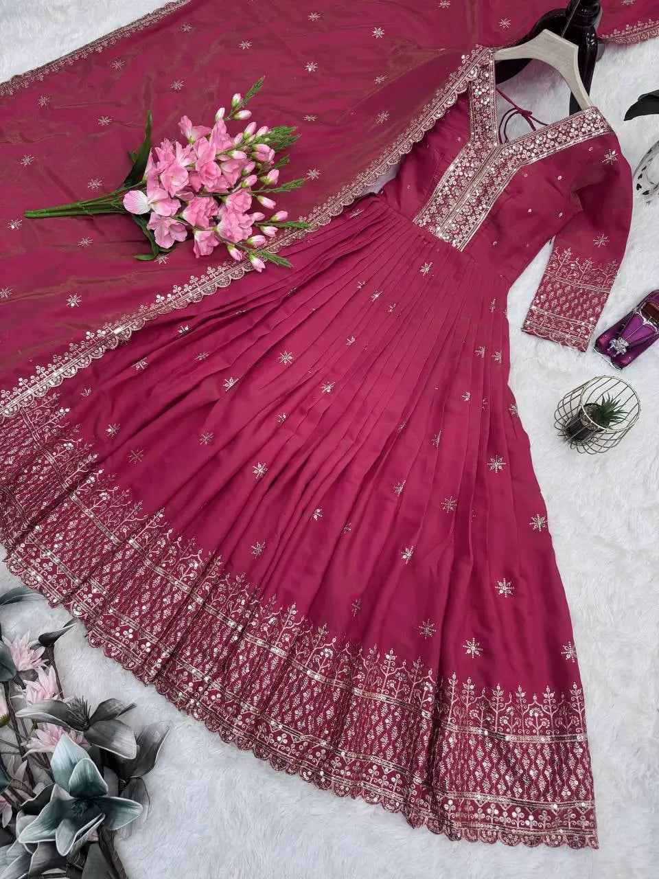 Shimmer Silk Embroidered Gown Set