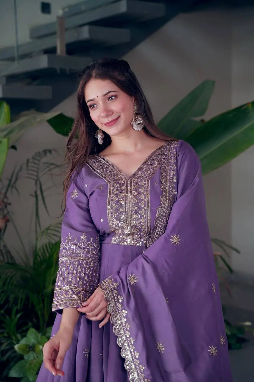 Shimmer Silk Embroidered Gown Set