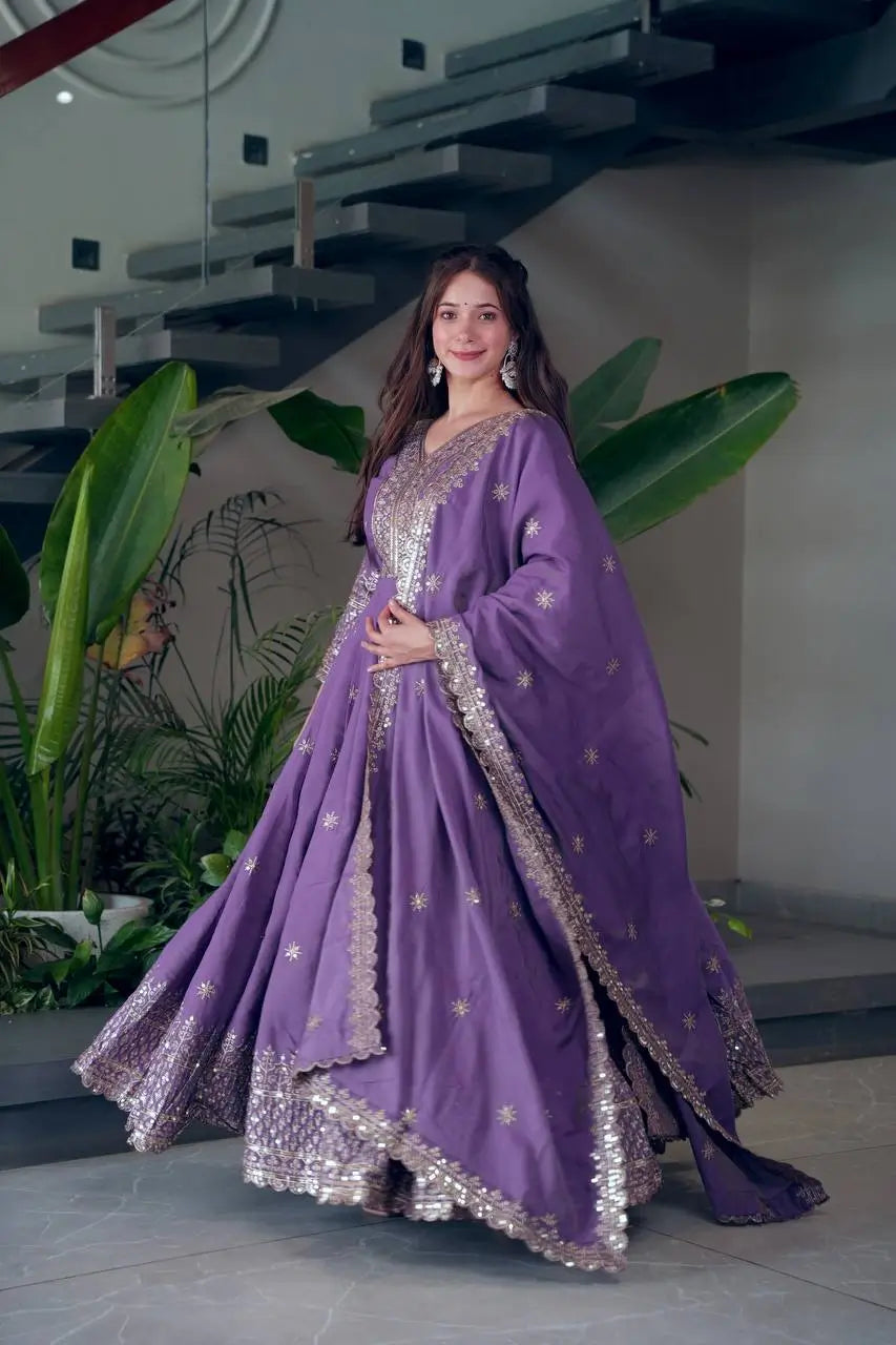 Shimmer Silk Embroidered Gown Set