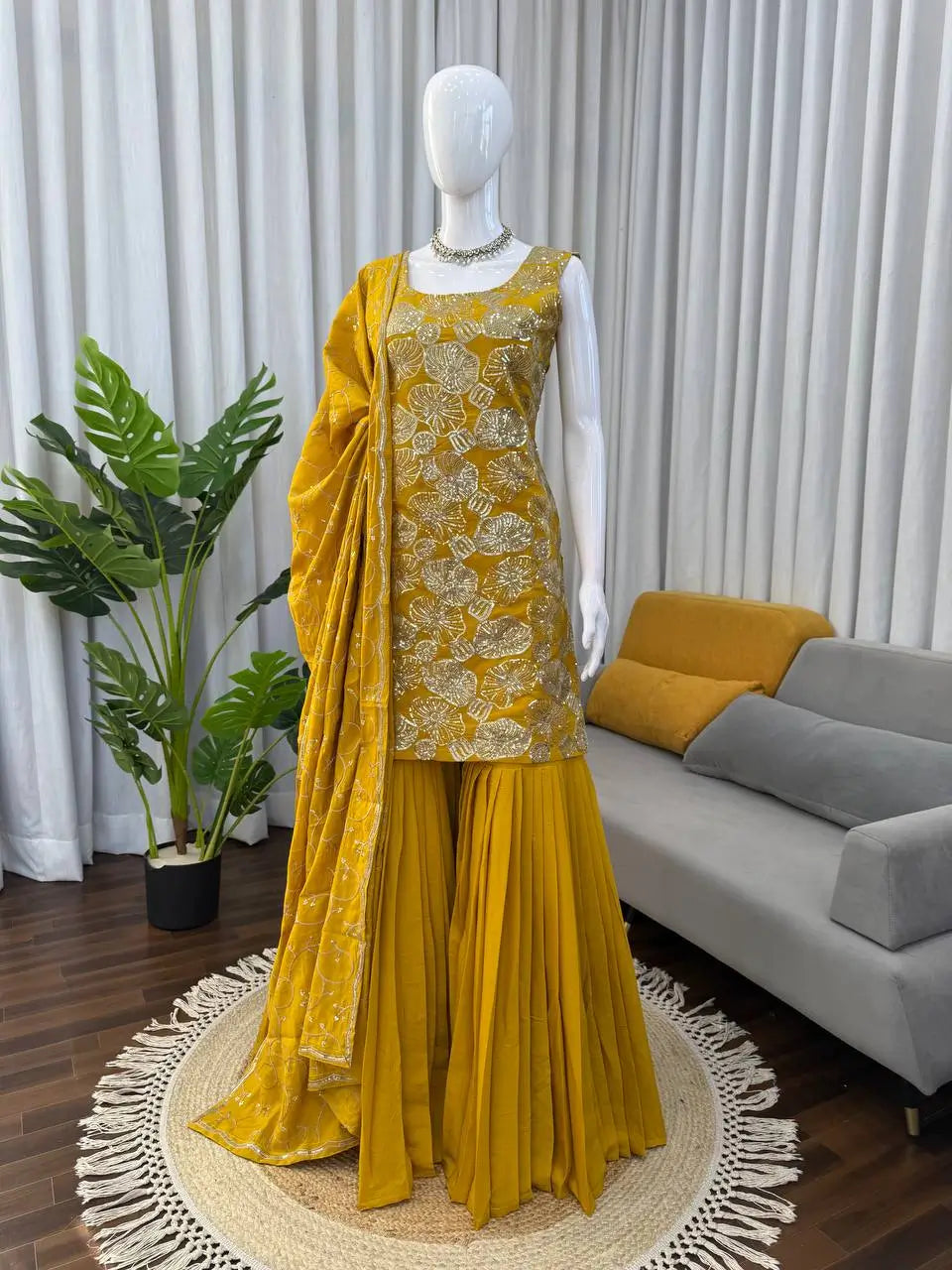 Shimmer Silk Embroidered Sharara Set with Dupatta