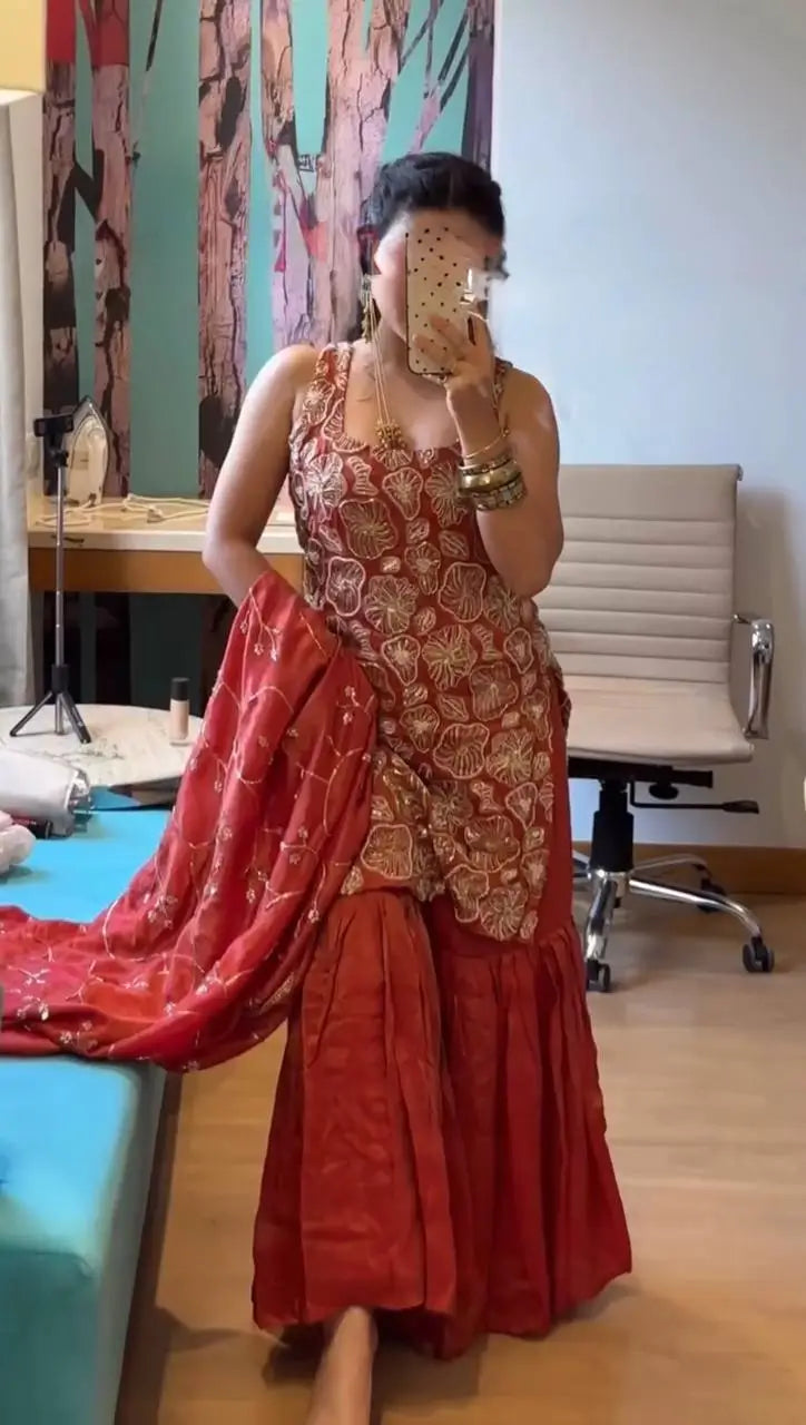 Shimmer Silk Embroidered Sharara Set with Dupatta