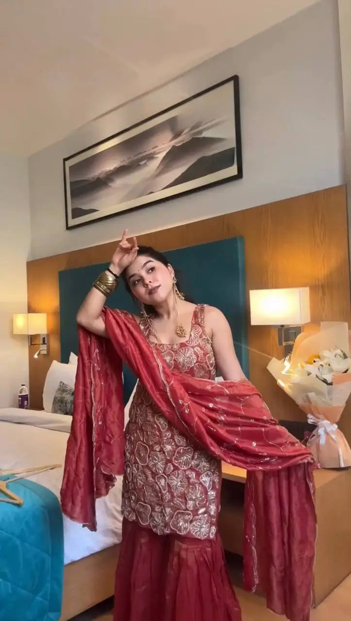 Shimmer Silk Embroidered Sharara Set with Dupatta