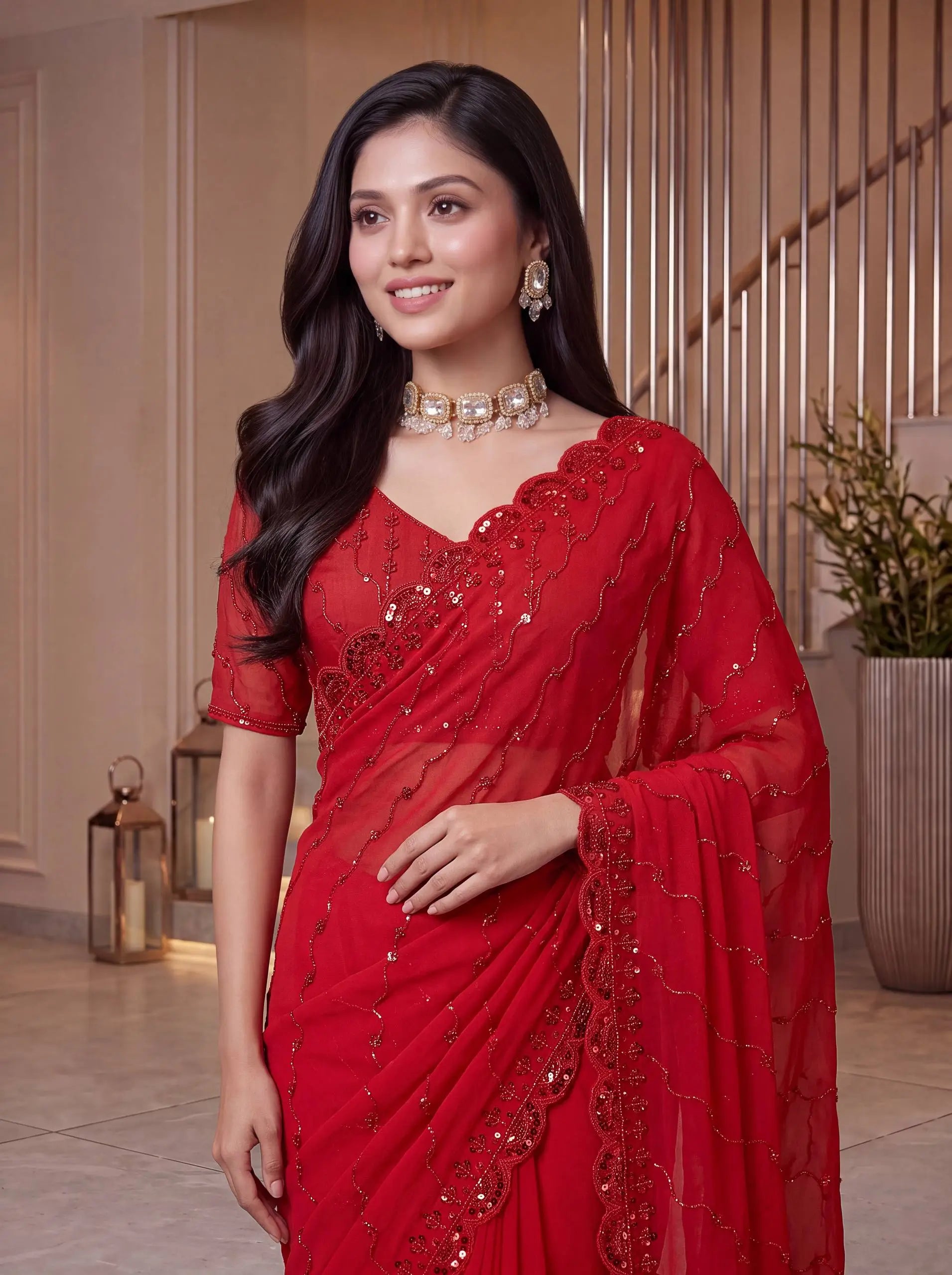 Shimmer silk Sequin Pearl Handwork Saree
