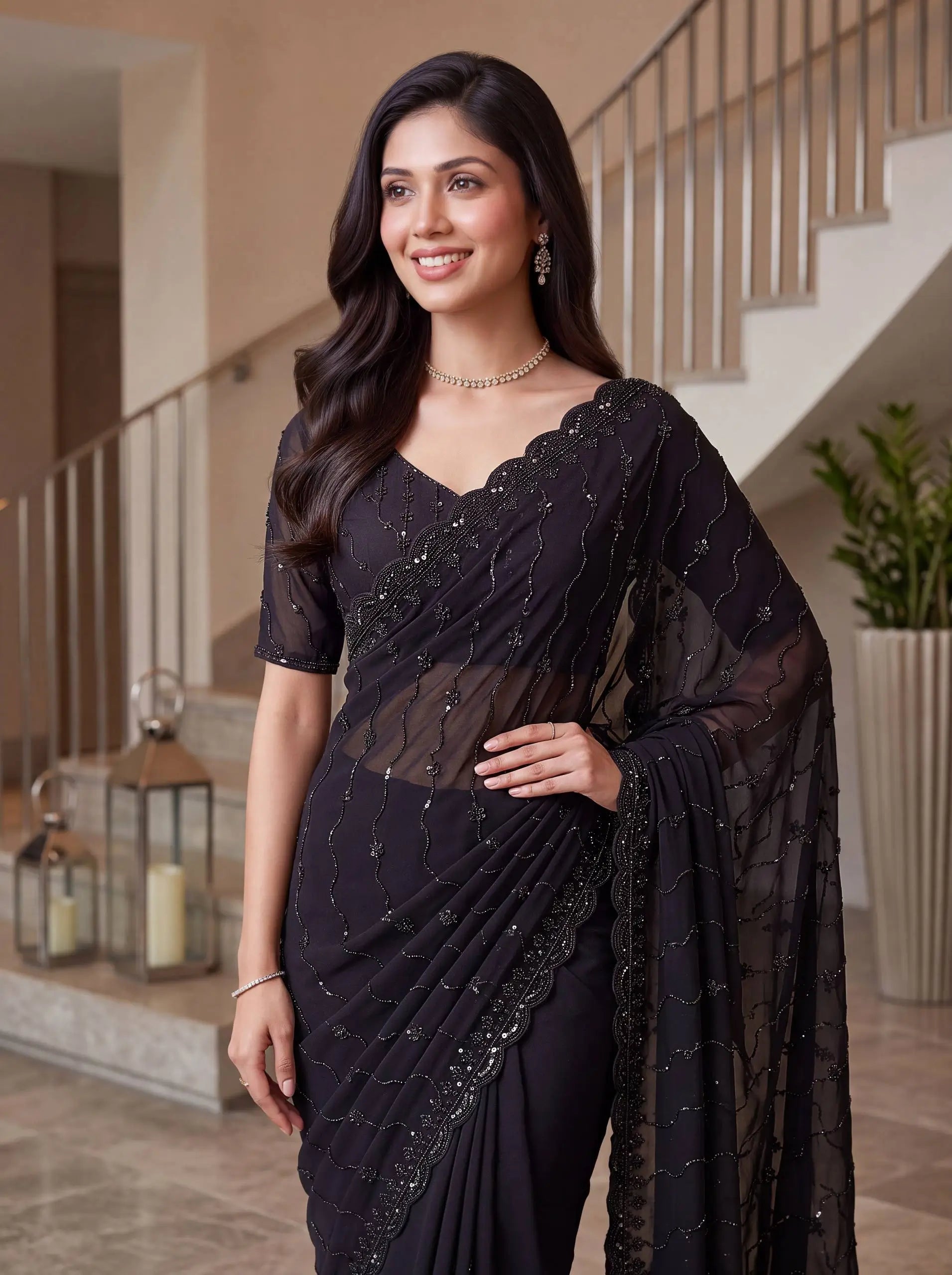 Shimmer silk Sequin Pearl Handwork Saree