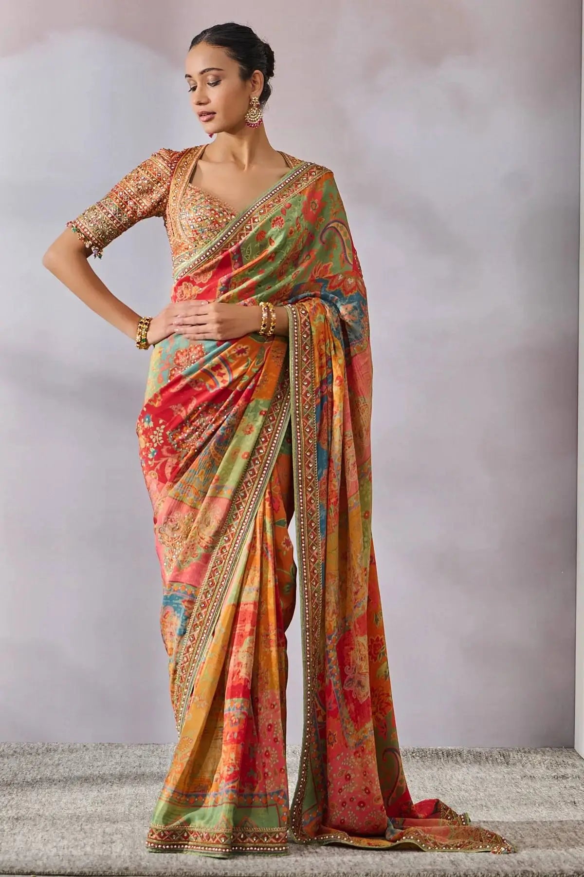 Shop Chinon Silk Kalamkari Saree with Real Mirror Hand Embroidery for Festive Wedding Wear