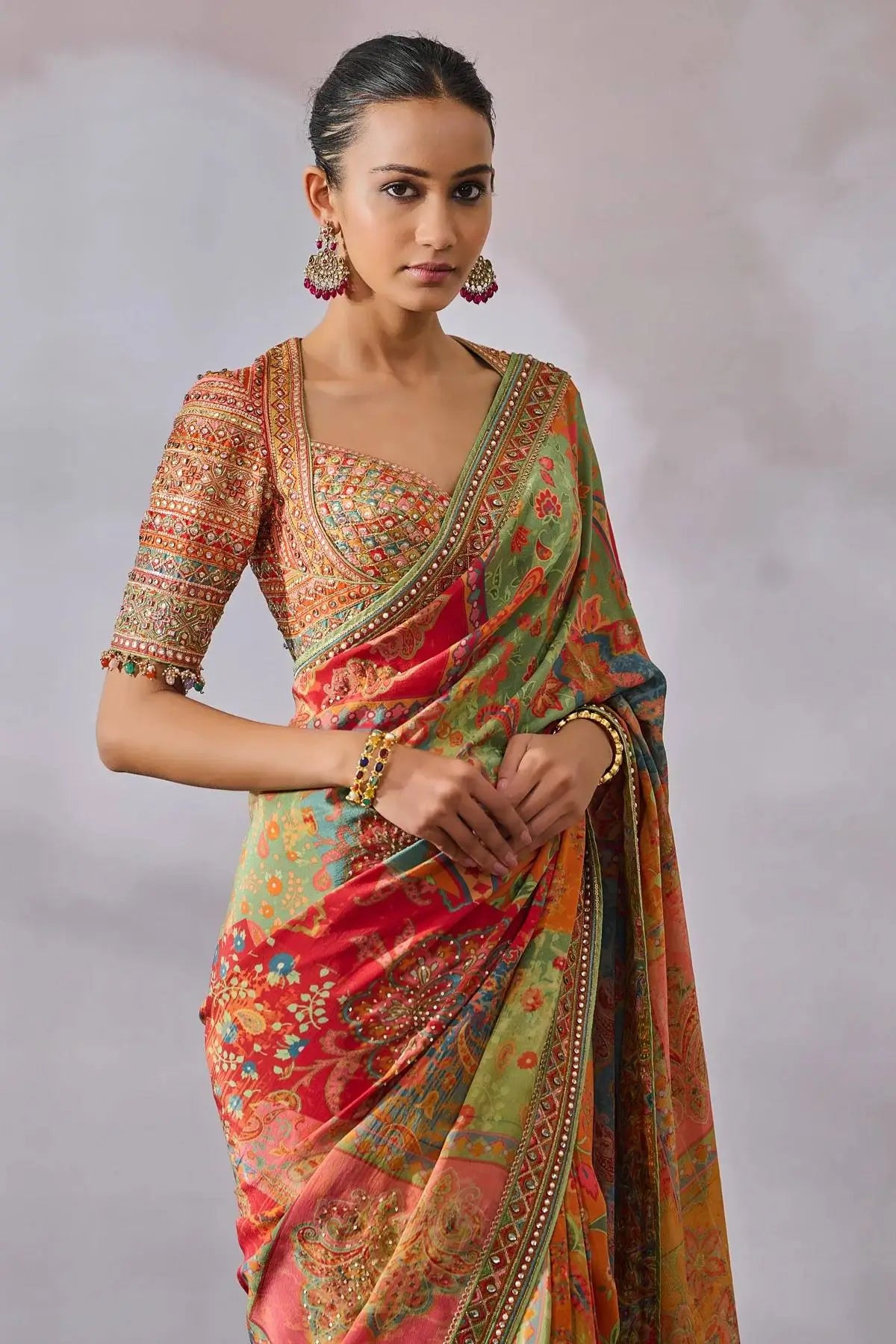Shop Chinon Silk Kalamkari Saree with Real Mirror Hand Embroidery for Festive Wedding Wear