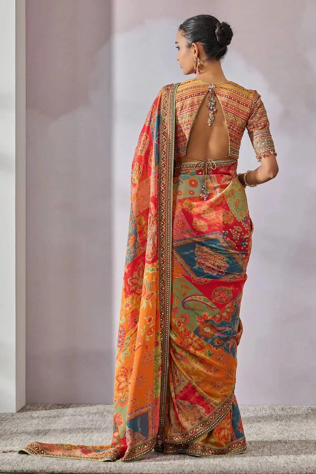 Shop Chinon Silk Kalamkari Saree with Real Mirror Hand Embroidery for Festive Wedding Wear