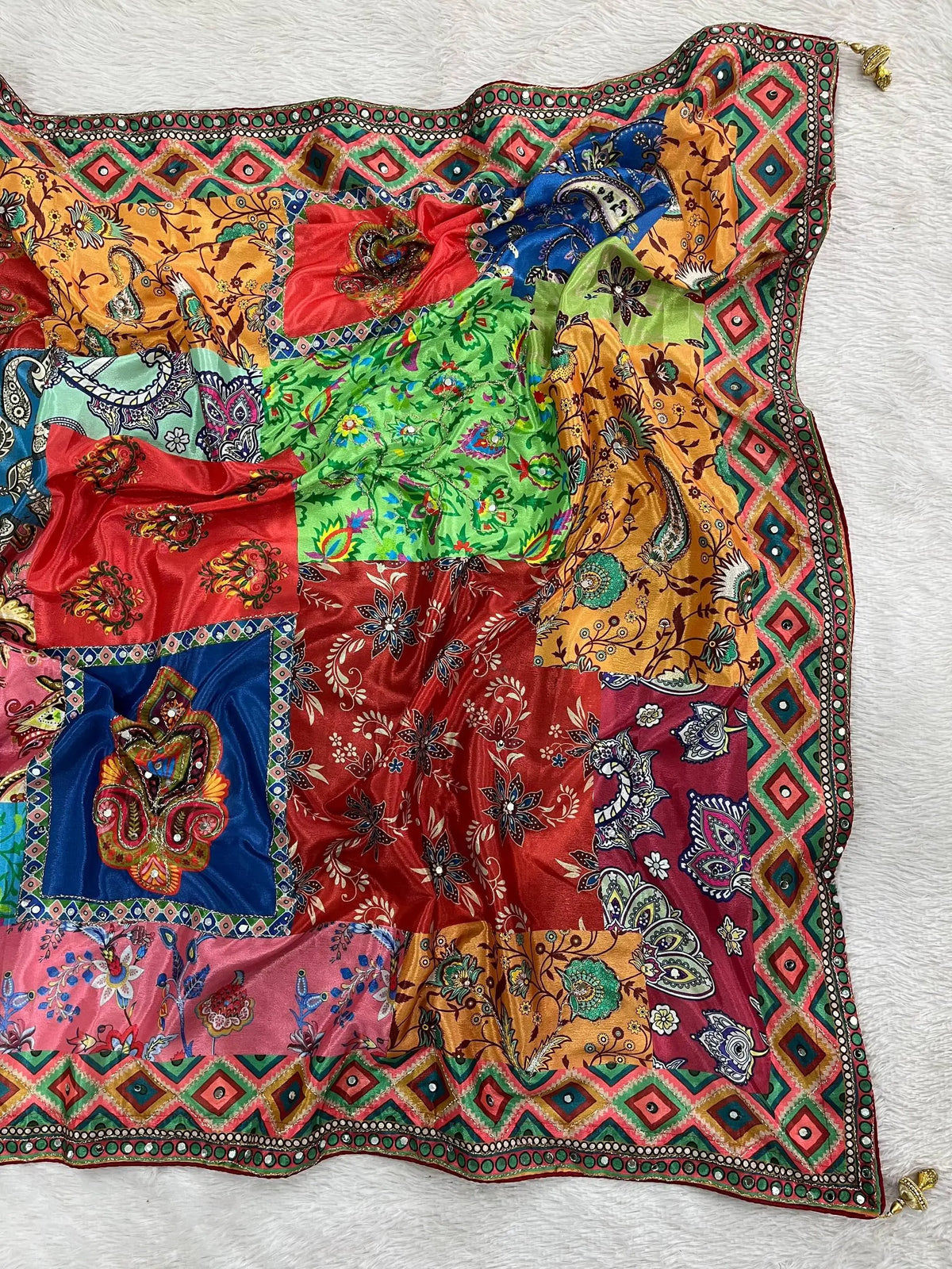 Shop Chinon Silk Kalamkari Saree with Real Mirror Hand Embroidery for Festive Wedding Wear