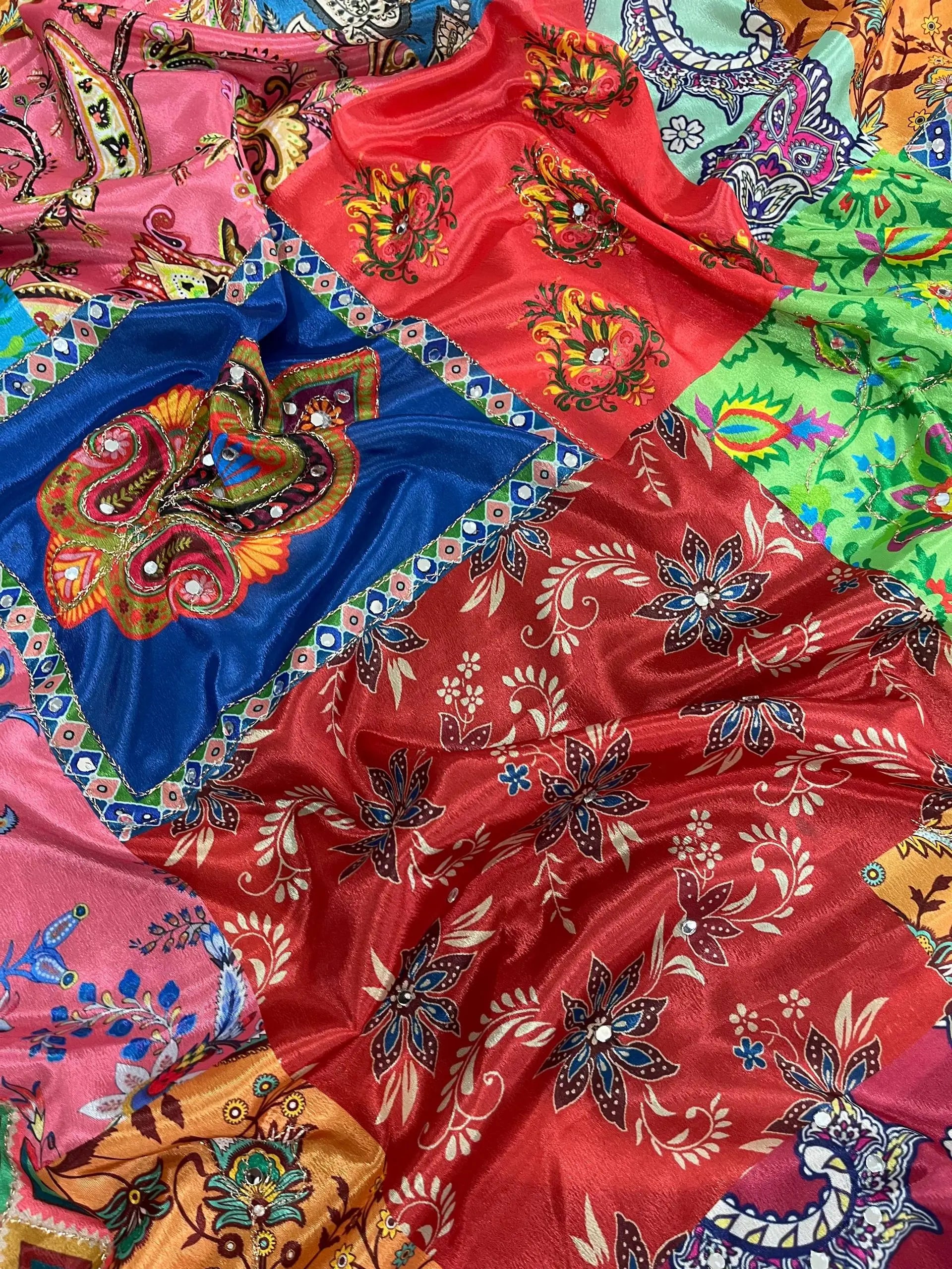 Shop Chinon Silk Kalamkari Saree with Real Mirror Hand Embroidery for Festive Wedding Wear