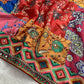 Shop Chinon Silk Kalamkari Saree with Real Mirror Hand Embroidery for Festive Wedding Wear