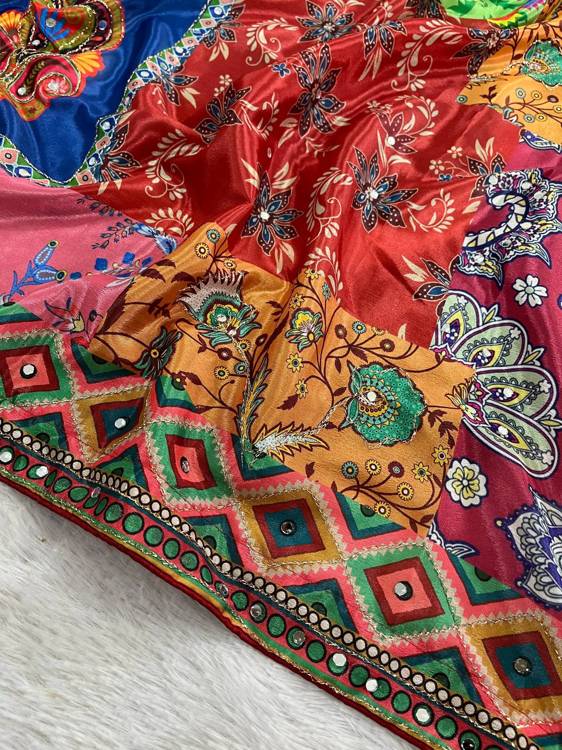 Shop Chinon Silk Kalamkari Saree with Real Mirror Hand Embroidery for Festive Wedding Wear