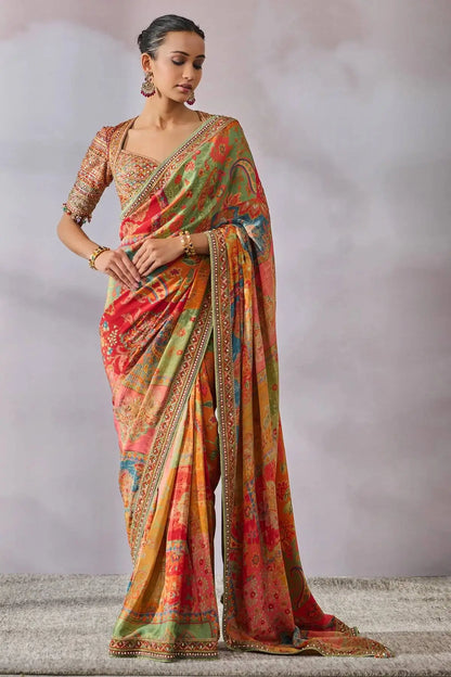 Shop Chinon Silk Kalamkari Saree with Real Mirror Hand Embroidery for Festive Wedding Wear