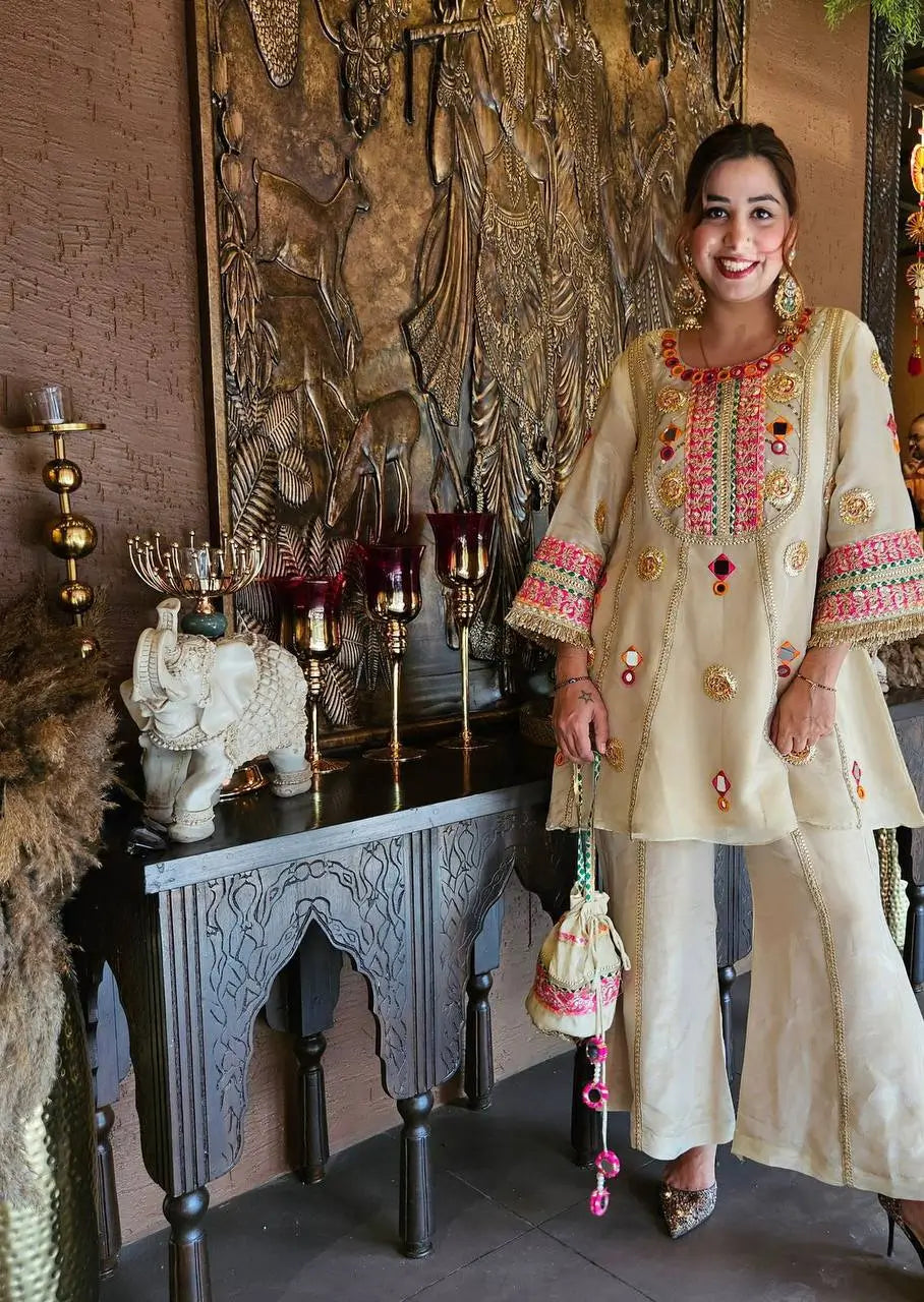 Shop Cos Moss Co Ord Set with Real Mirror Sequence Work for Festive Casual Party Wear