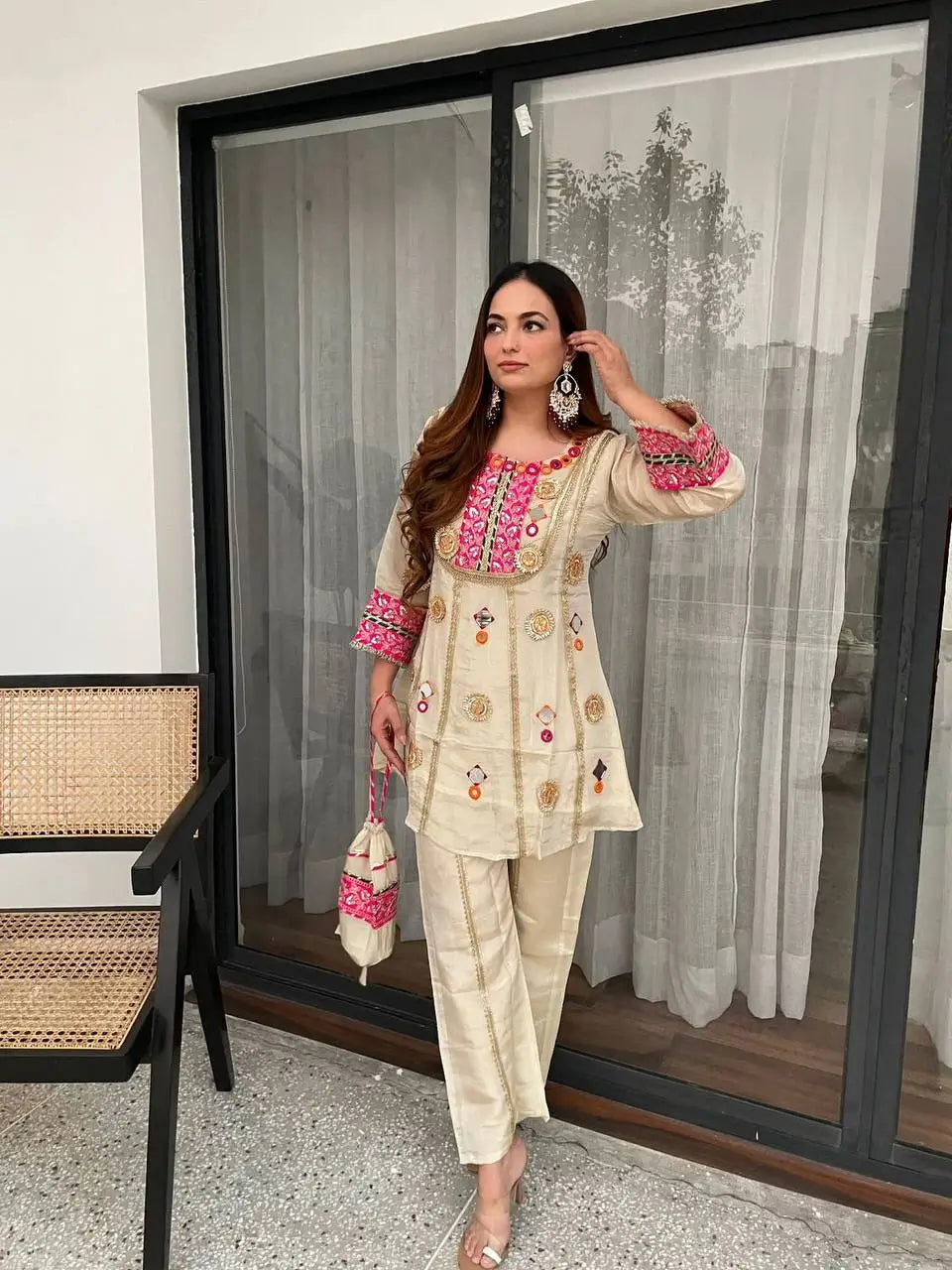Shop Cos Moss Co Ord Set with Real Mirror Sequence Work for Festive Casual Party Wear