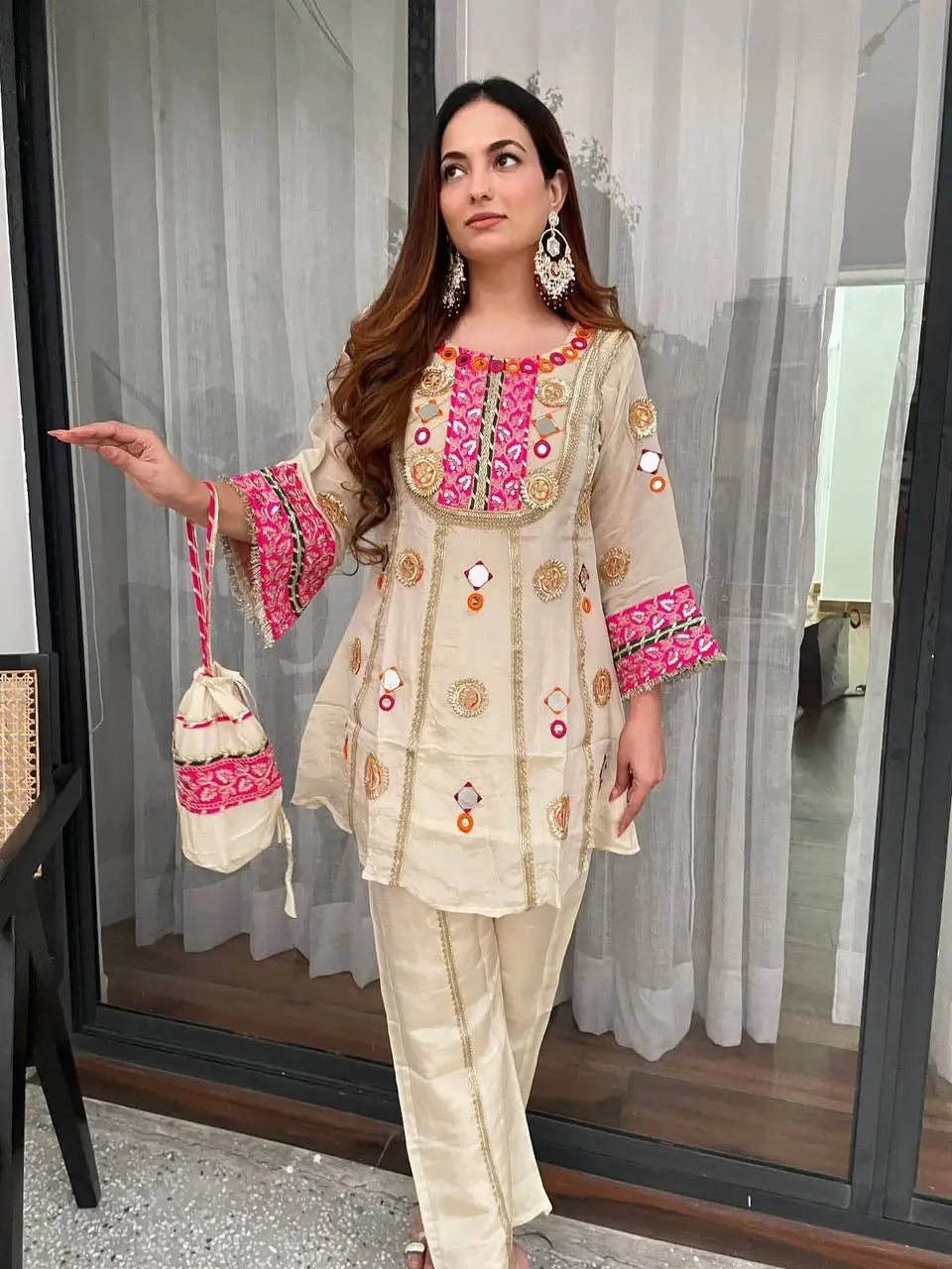 Shop Cos Moss Co Ord Set with Real Mirror Sequence Work for Festive Casual Party Wear