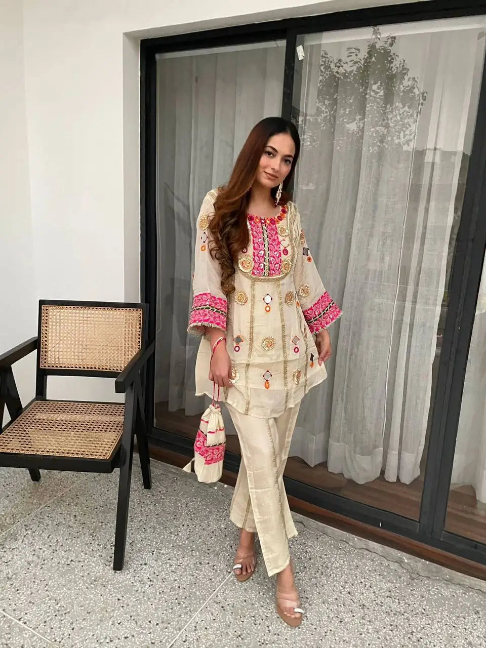 Shop Cos Moss Co Ord Set with Real Mirror Sequence Work for Festive Casual Party Wear