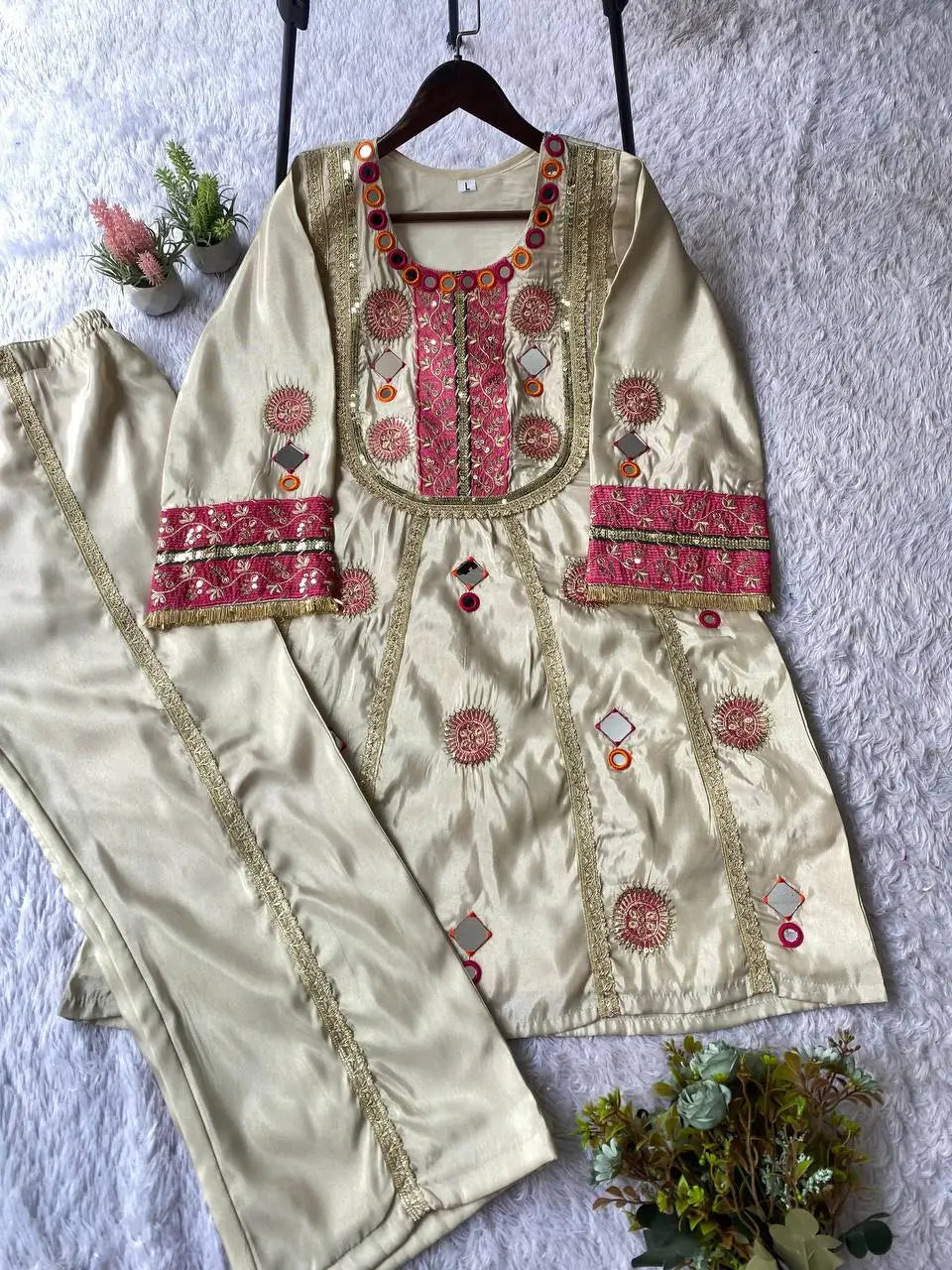 Shop Cos Moss Co Ord Set with Real Mirror Sequence Work for Festive Casual Party Wear