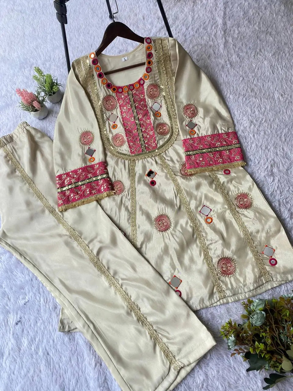 Shop Cos Moss Co Ord Set with Real Mirror Sequence Work for Festive Casual Party Wear