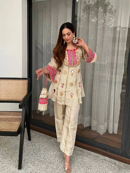 Shop Cos Moss Co Ord Set with Real Mirror Sequence Work for Festive Casual Party Wear