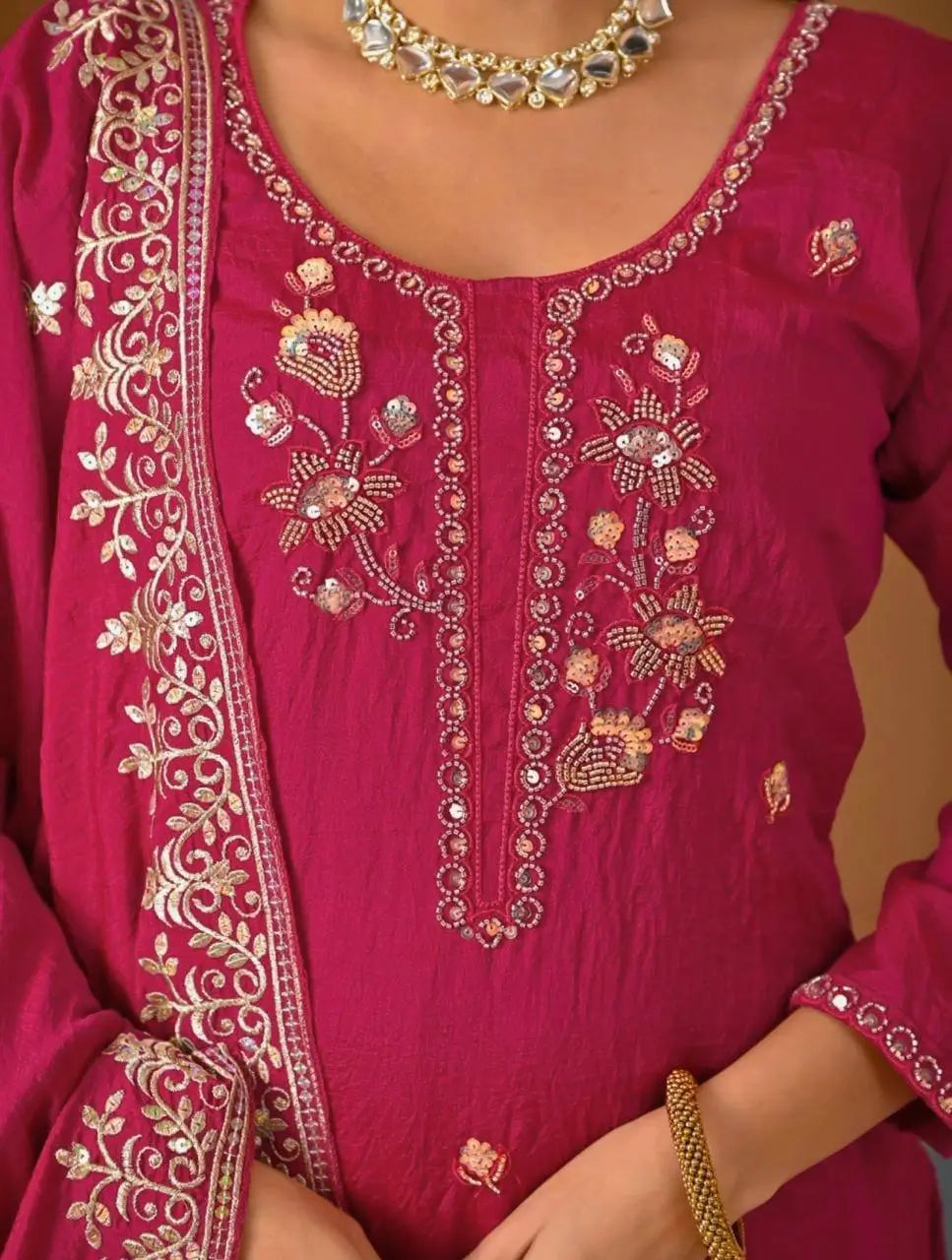 Shop Embroidered Sharara Suit Set with Vichitra Dupatta for Wedding Festive Party Wear