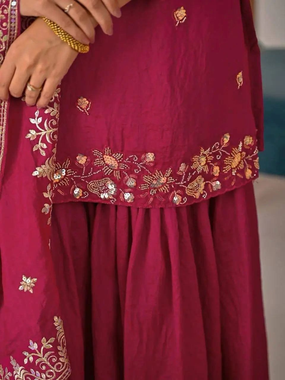 Shop Embroidered Sharara Suit Set with Vichitra Dupatta for Wedding Festive Party Wear