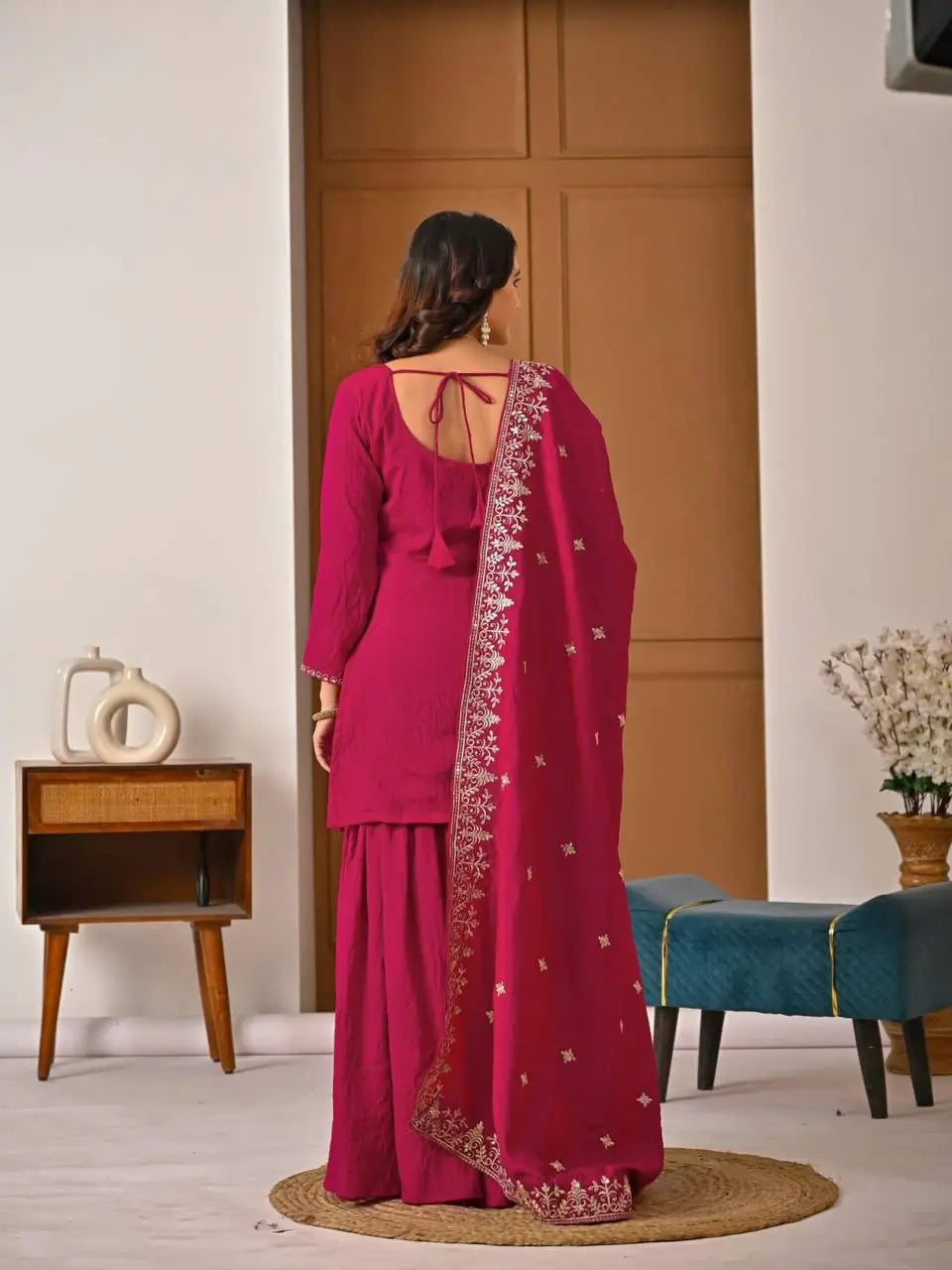 Shop Embroidered Sharara Suit Set with Vichitra Dupatta for Wedding Festive Party Wear
