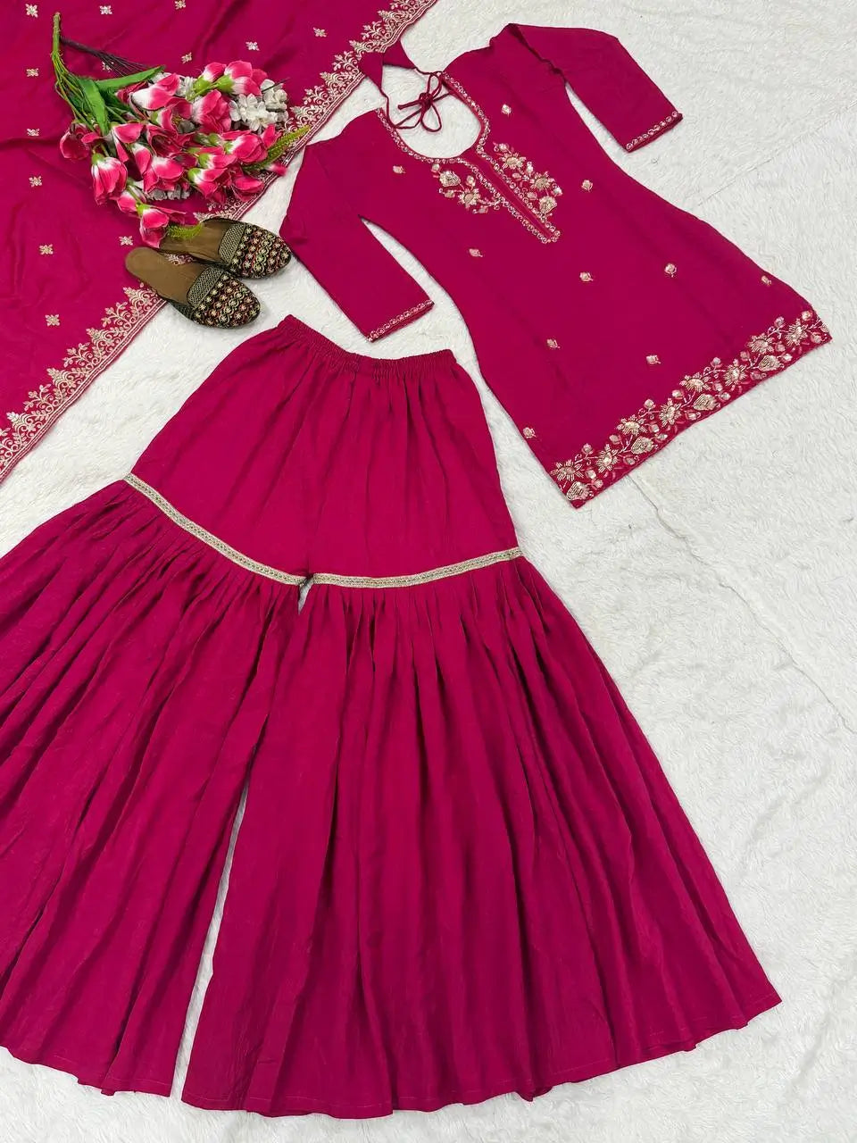 Shop Embroidered Sharara Suit Set with Vichitra Dupatta for Wedding Festive Party Wear