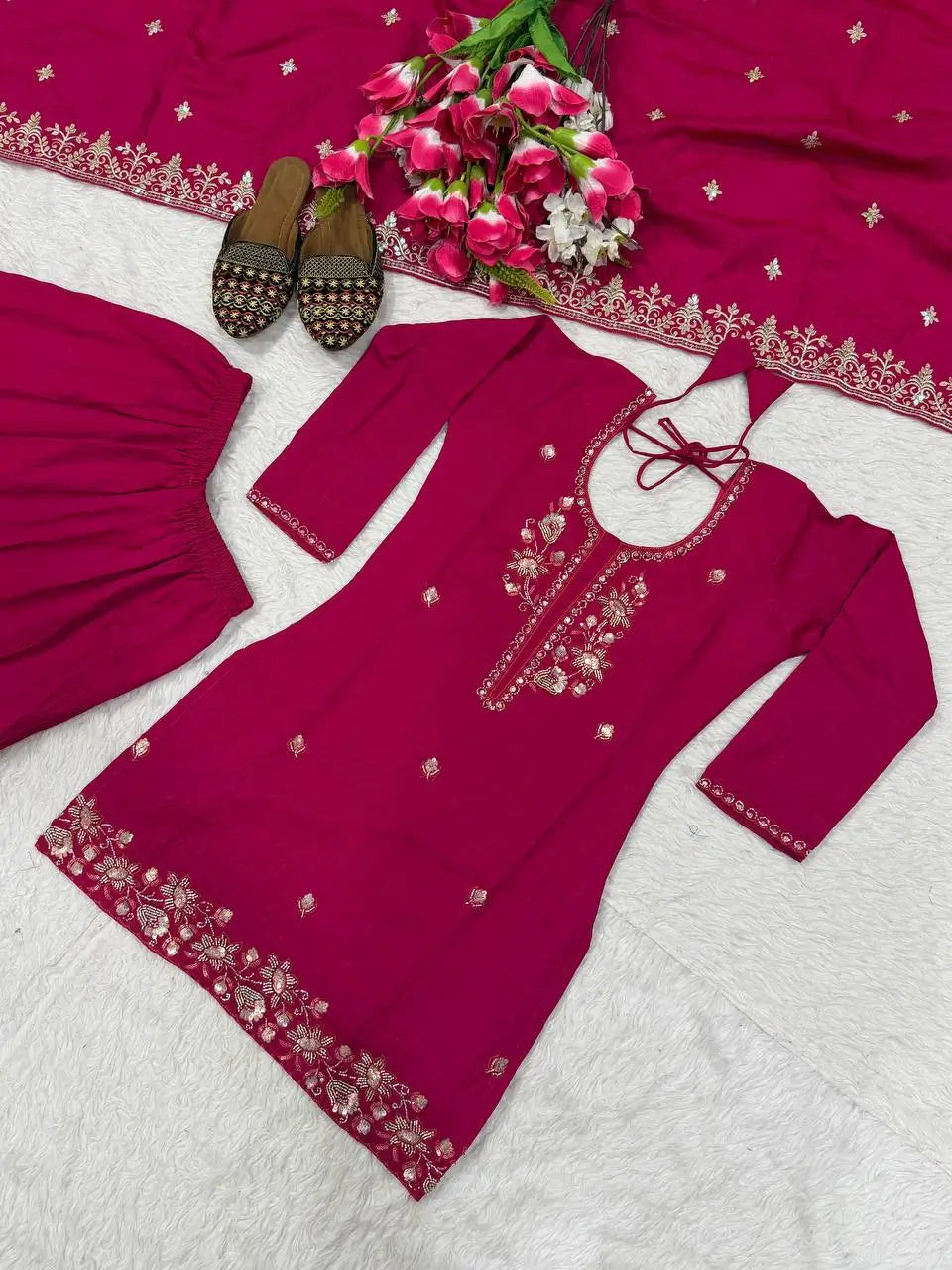 Shop Embroidered Sharara Suit Set with Vichitra Dupatta for Wedding Festive Party Wear