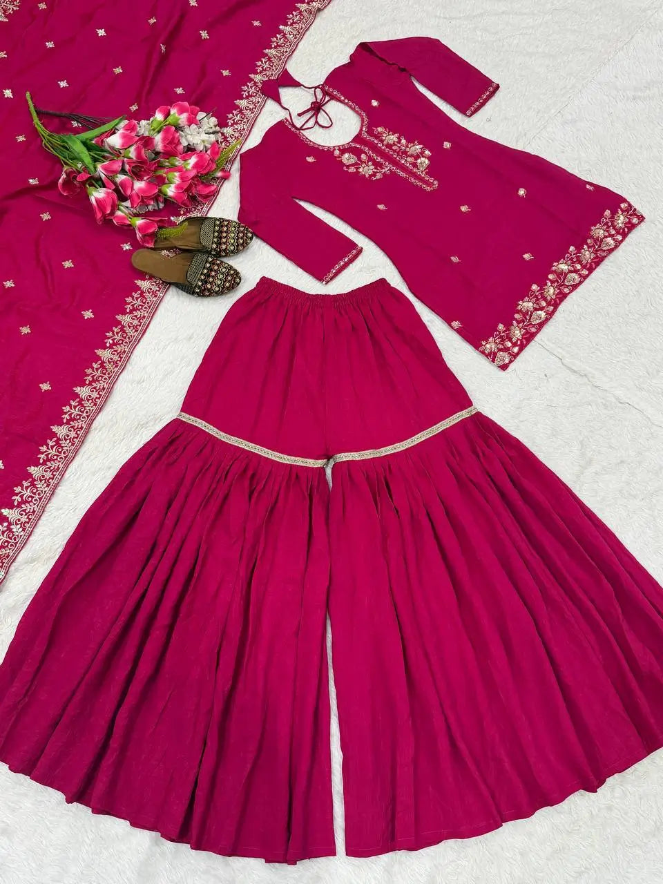 Shop Embroidered Sharara Suit Set with Vichitra Dupatta for Wedding Festive Party Wear