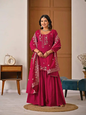 Shop Embroidered Sharara Suit Set with Vichitra Dupatta for Wedding Festive Party Wear