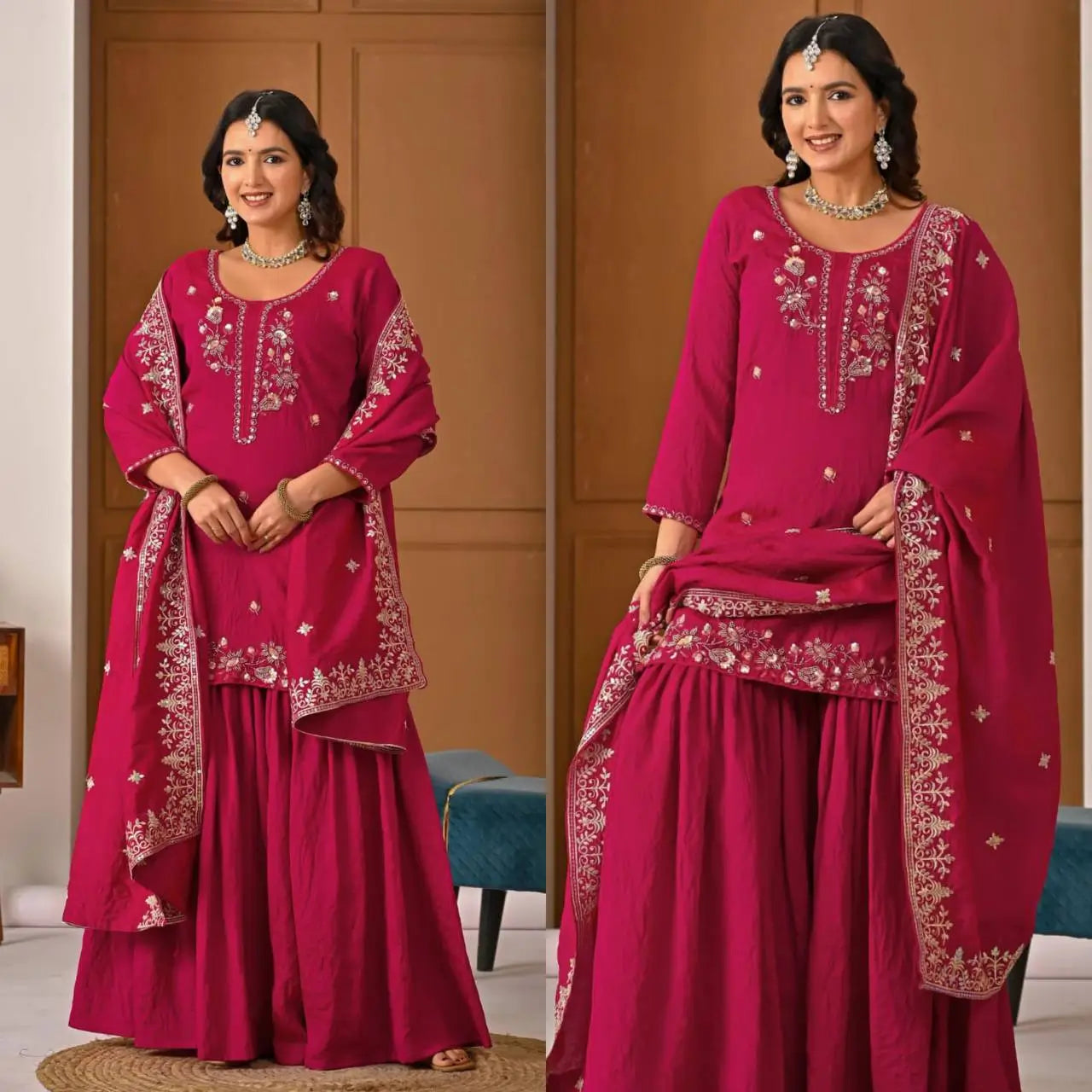 Shop Embroidered Sharara Suit Set with Vichitra Dupatta for Wedding Festive Party Wear
