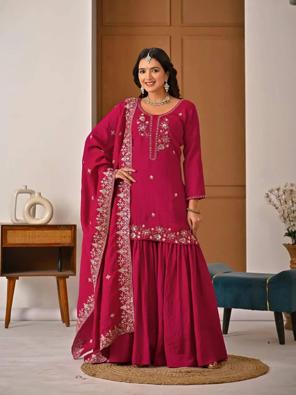 Shop Embroidered Sharara Suit Set with Vichitra Dupatta for Wedding Festive Party Wear