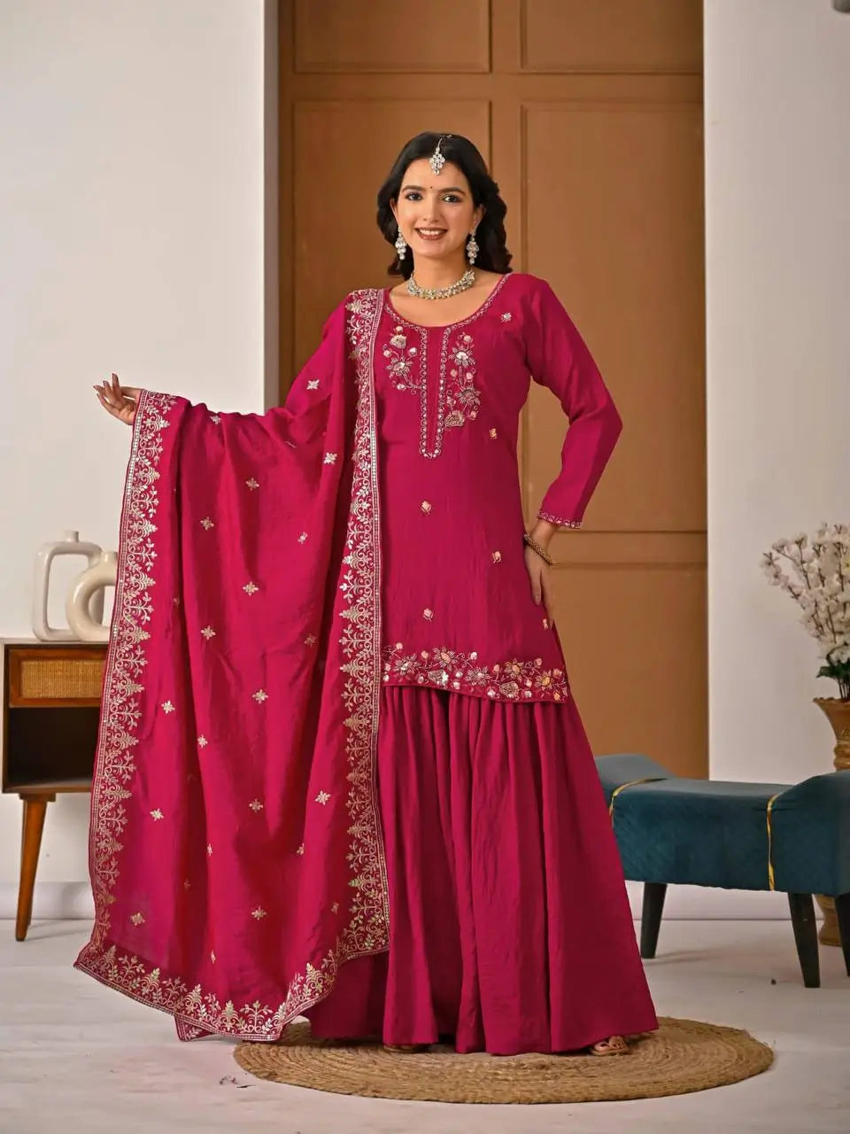 Shop Embroidered Sharara Suit Set with Vichitra Dupatta for Wedding Festive Party Wear