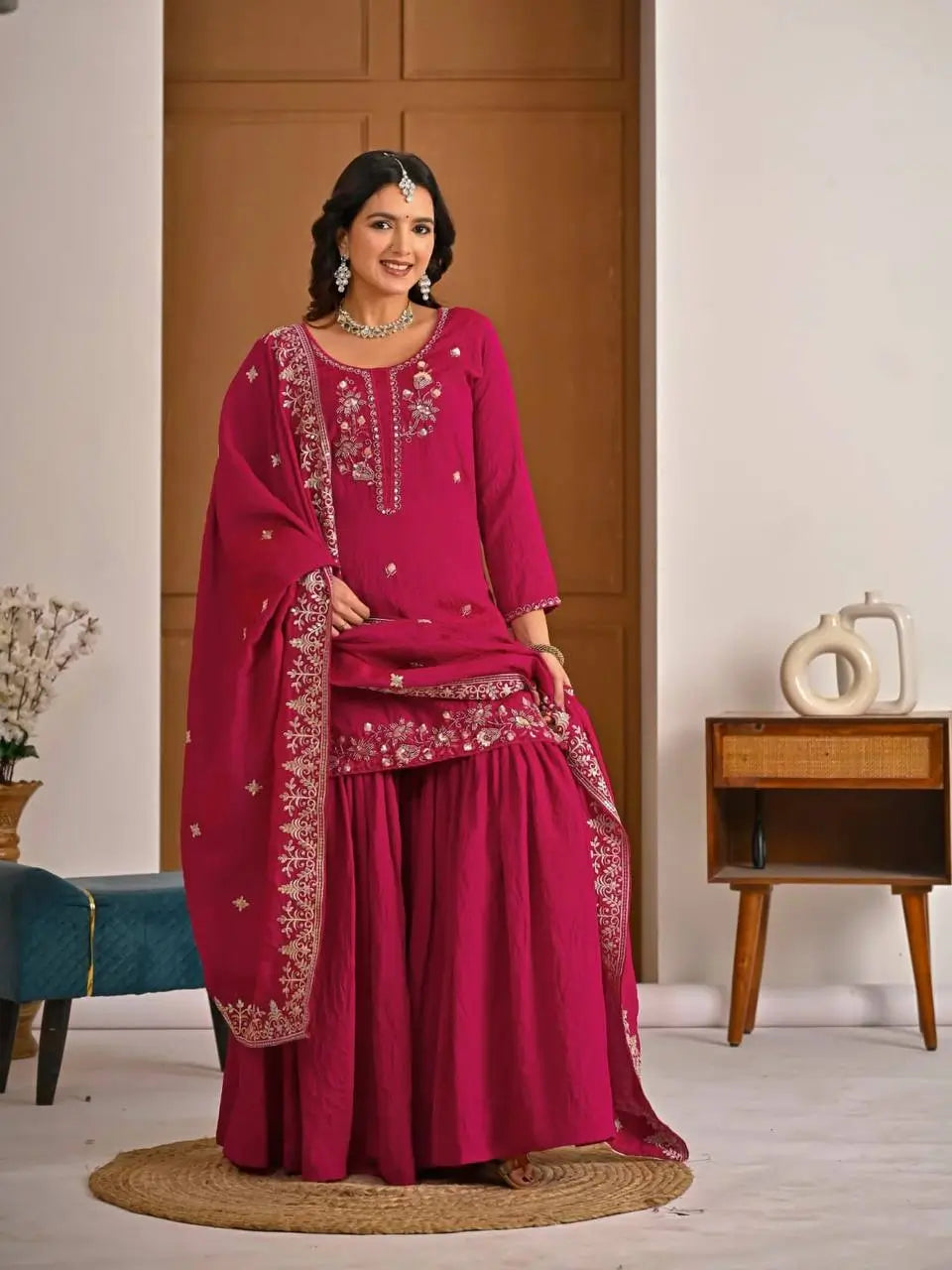 Shop Embroidered Sharara Suit Set with Vichitra Dupatta for Wedding Festive Party Wear