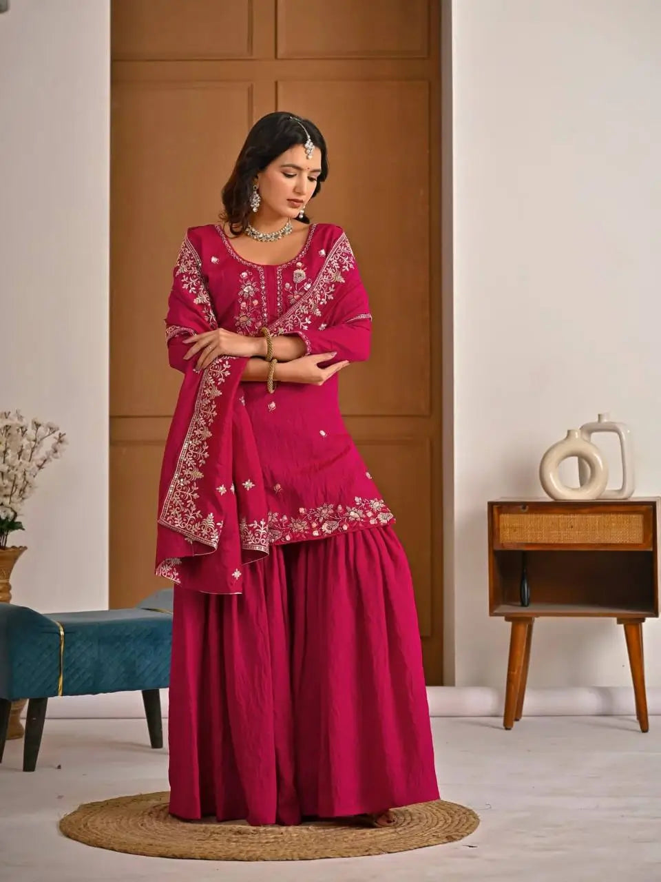 Shop Embroidered Sharara Suit Set with Vichitra Dupatta for Wedding Festive Party Wear